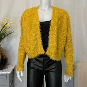 Yellow Mustard Cropped Long Sleeves Cardigan, Mohair/Faux Fur Chunky Soft Cozy